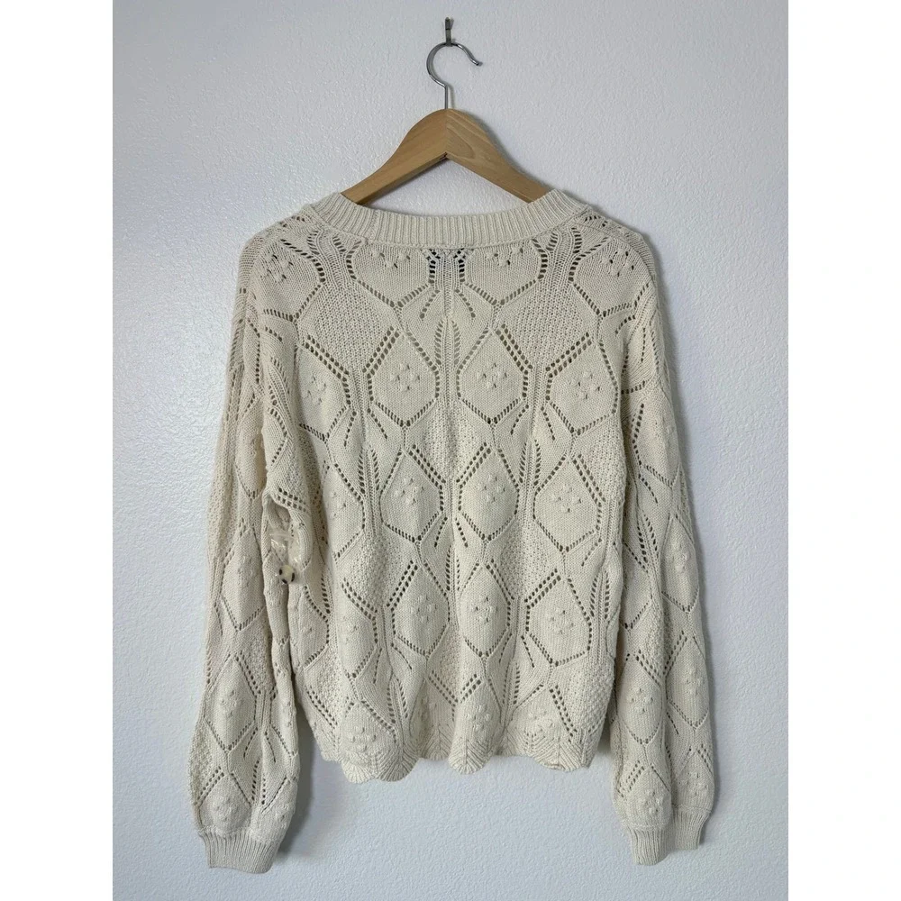 Freshman 1996 Cream Open Knit Cardigan Scalloped Hem Balloon Sleeve Size Small - Picture 5 of 8